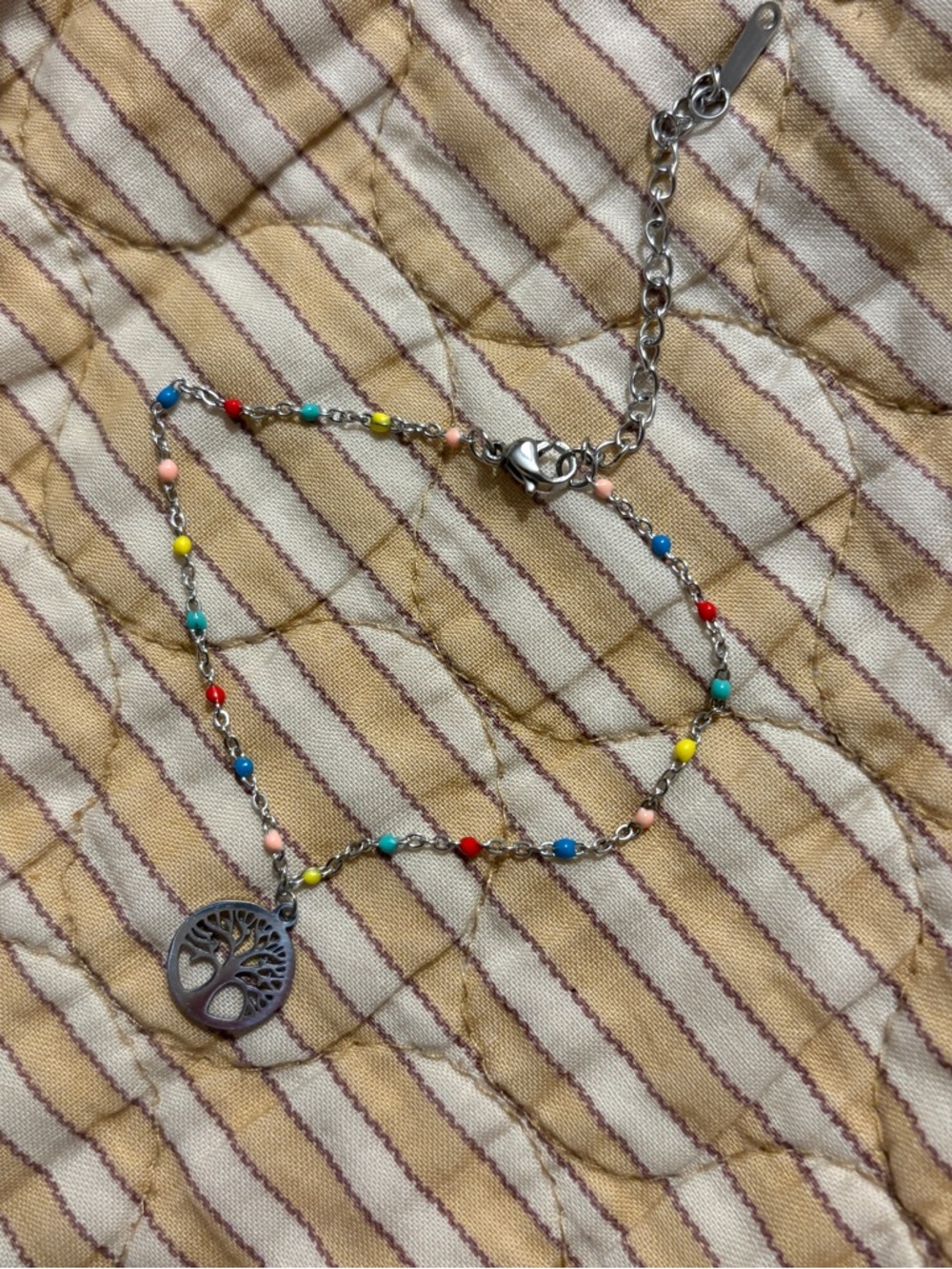 Silver Tree of Life Bead Stainless Steel Chain Anklet - Multicolor Beads